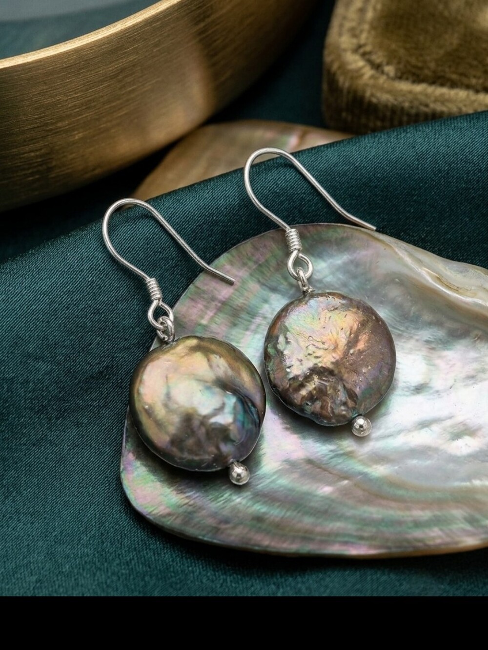 Peacock Iridescent Baroque Coin Pearl Dangle Sterling Silver Earrings Pearlcore